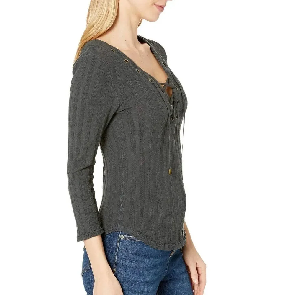 Free People Washed grey Ice Cold Lace-Up‎ Scoop Neck Cotton blend Top Sz S